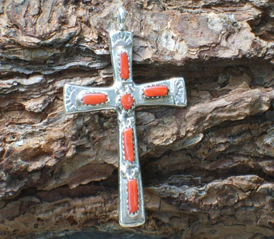 Native American Coral Cross Pendant